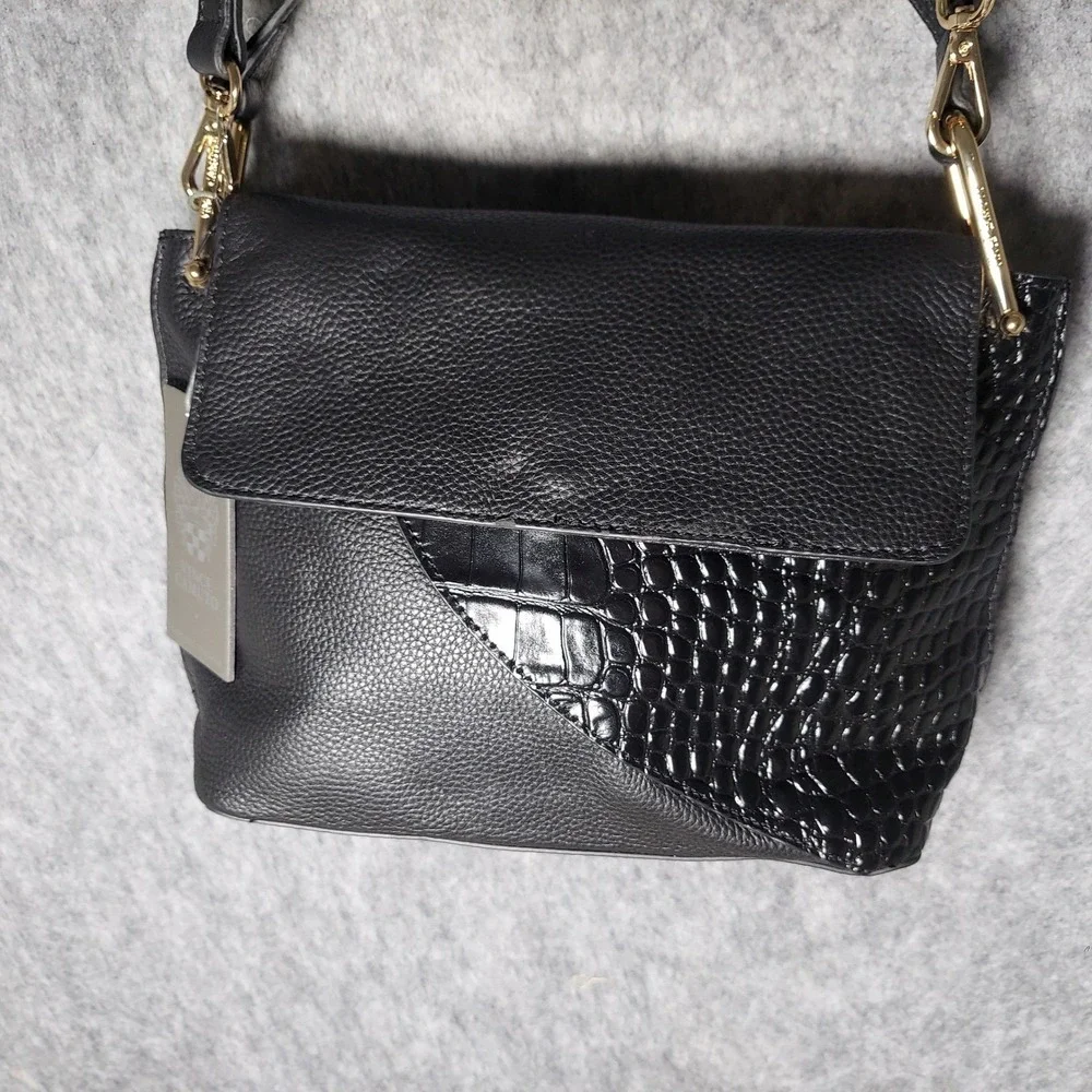 Vince‎ Camuto Crossbody Bag Black Pebbled Leather Croc Embossed Chain Handbag